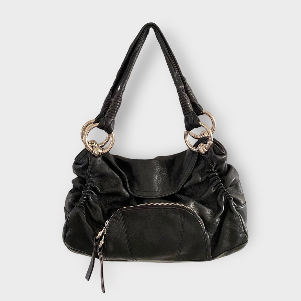 B MAKOWSKY Black Shimmer Leather Rouched Handbag